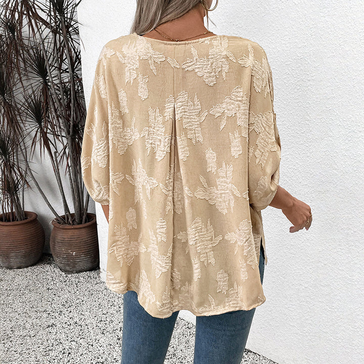 Women's lightweight oversized V-neck blouse with textured jacquard pattern and roll-up sleeves Mune Fashion