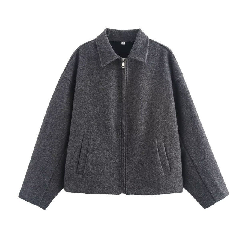 Men's Boxy Wool Blend Blouson with Zipper and Shirt Collar Mune Fashion