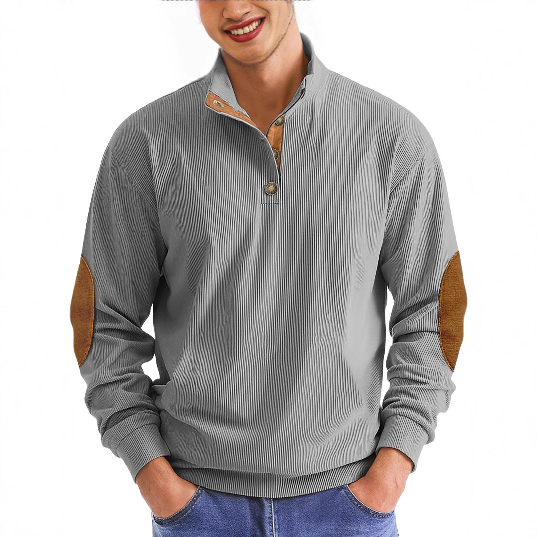 Men's casual structured sweater with polo collar, short button placket and vegan leather trims Mune Fashion