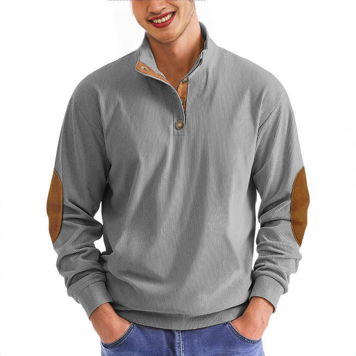 Men's casual structured sweater with polo collar, short button placket and vegan leather trims Mune Fashion