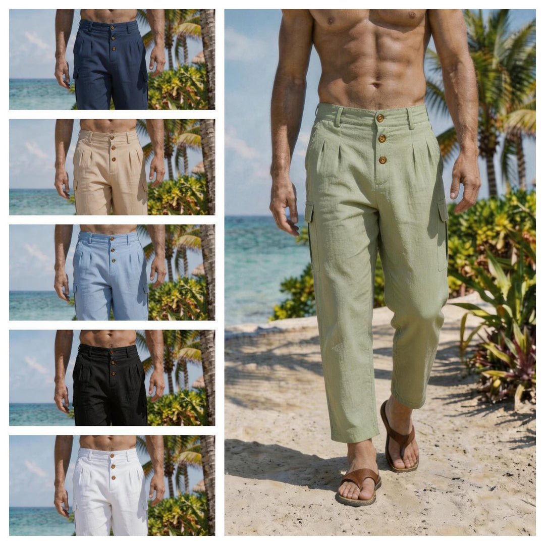 Men's pleated cargo pants with button closure, applied cargo pockets, and cropped leg Mune Fashion