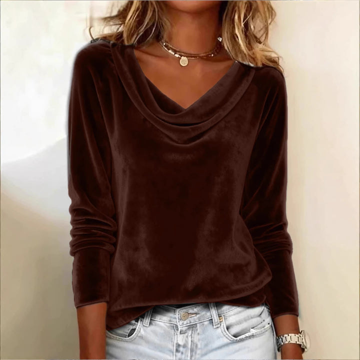 Women Velvet Long Sleeve with Waterfall Collar and Casual Cut Mune Fashion