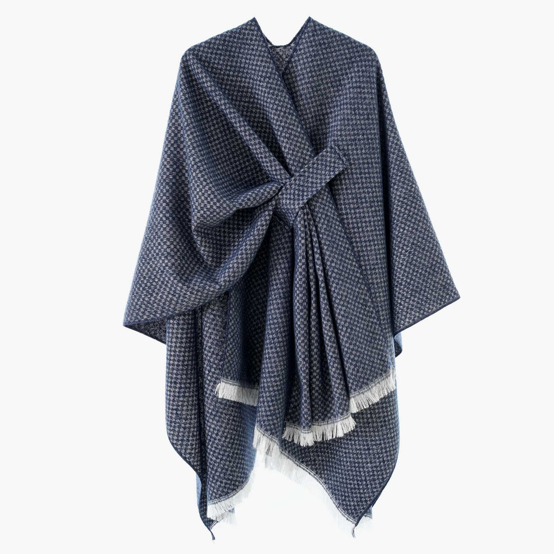 Women's Reversible Wool Mix Poncho with Houndstooth Jacquard and Ties Belt Mune Fashion