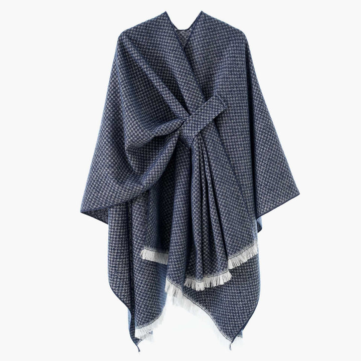 Women's Reversible Wool Mix Poncho with Houndstooth Jacquard and Ties Belt Mune Fashion