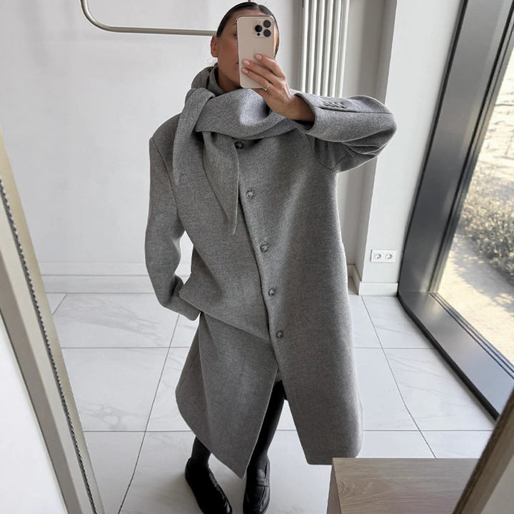 Women's Mid-length Wool Blend Coat with Integrated Loop Scarf Mune Fashion