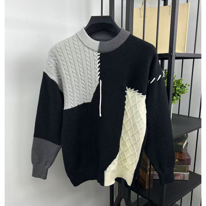 Unisex Patchwork-Oversize-Knitted Sweater with Cable and Diamond Pattern, Decorative Contrast Seams and Round Neckline Mune Fashion
