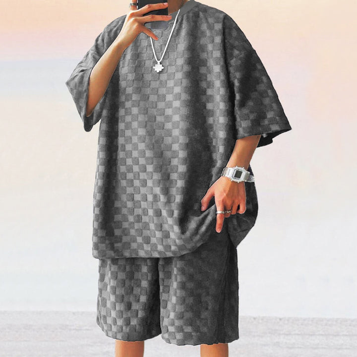Unisex nan structured relief set made of honeycomb jersey with oversized shirt and knee-length shorts Mune Fashion