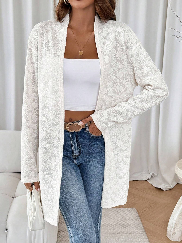 Women's fine embroidered long cardigan made of semi-transparent lace with floral textured relief Mune Fashion