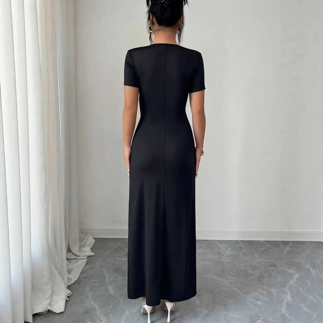 Womens bodycon wrap midi dress with V-neck, waist ring and high thigh slit Mune Fashion