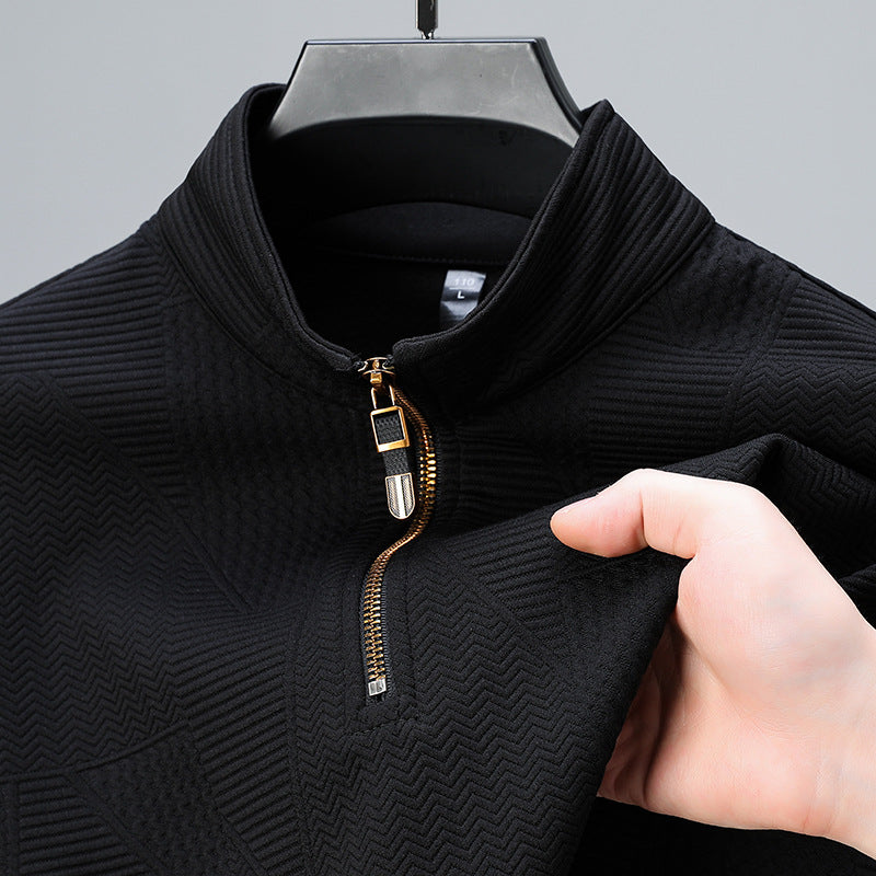 Men's Structured Pullover with Half Zipper High Stand Collar and Geometric Relief Structure Mune Fashion
