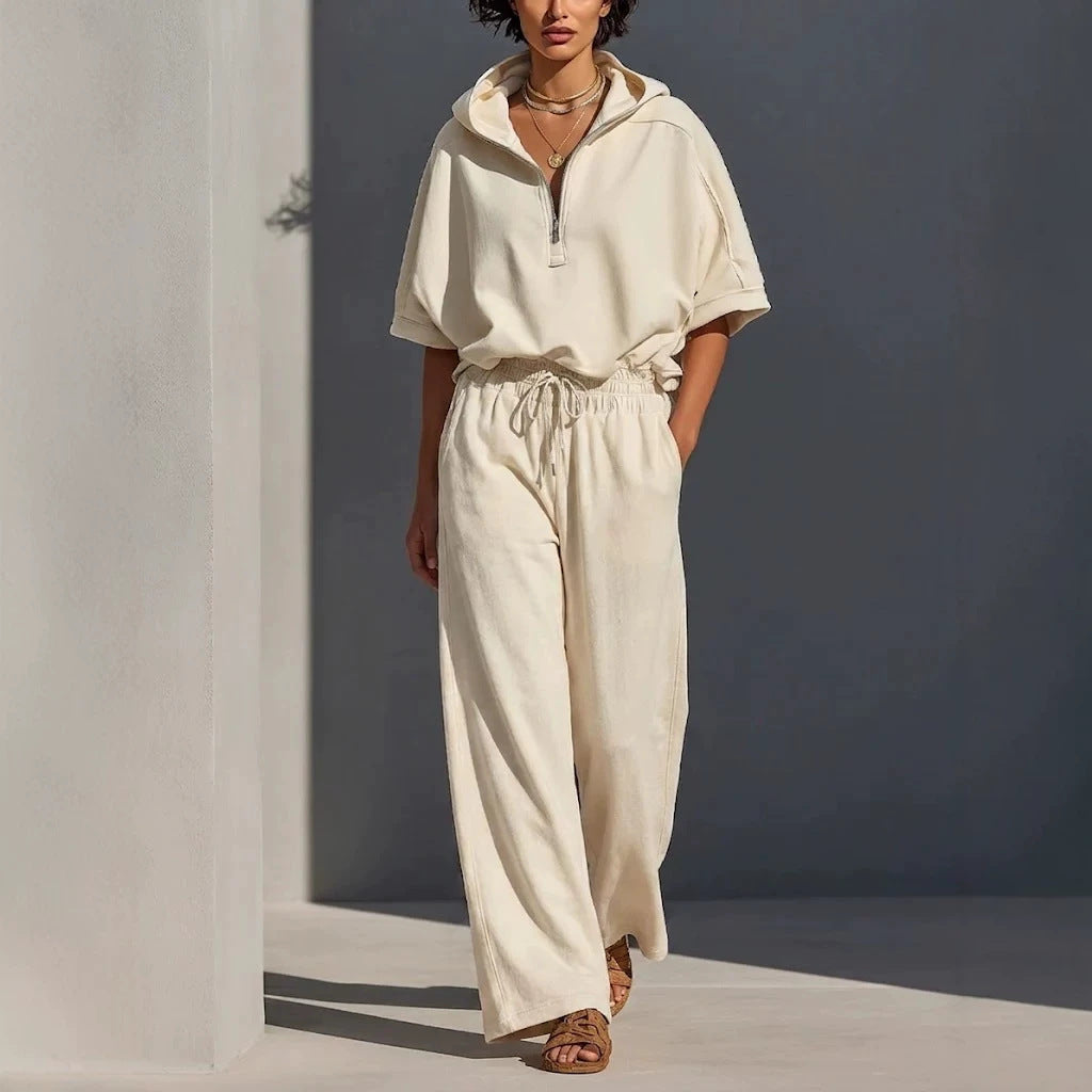 Women's Casual Lounge Set with Half-Zip Hoodie and Wide Palazzo Pants Mune Fashion