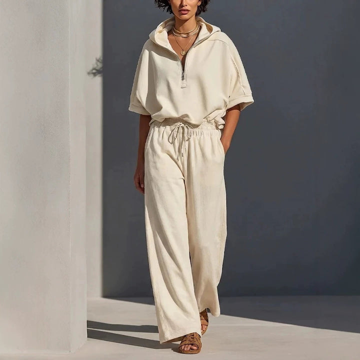 Women's Casual Lounge Set with Half-Zip Hoodie and Wide Palazzo Pants Mune Fashion