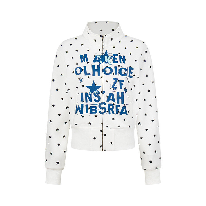 Women's Short Zipper Sweat Jacket with Stand-Up Collar, Allover Star Print and Statement Front Print Mune Fashion