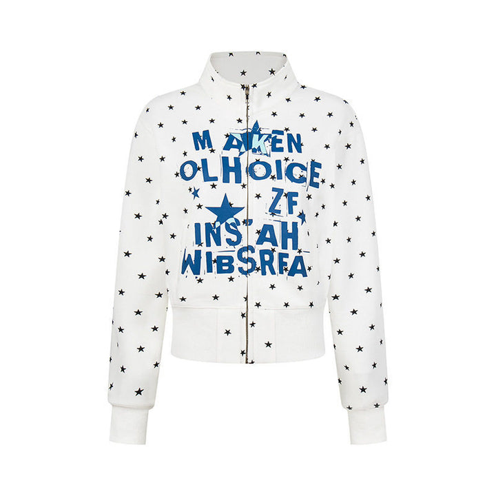 Women's Short Zipper Sweat Jacket with Stand-Up Collar, Allover Star Print and Statement Front Print Mune Fashion