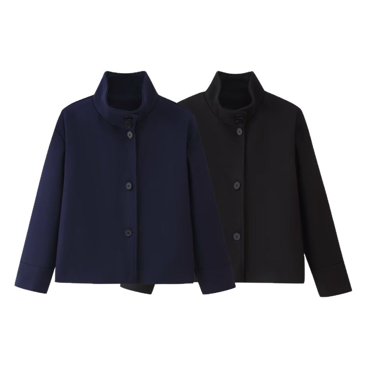 Women's Boxy Short Jacket with High Stand Collar and Concealed Button Placket Mune Fashion