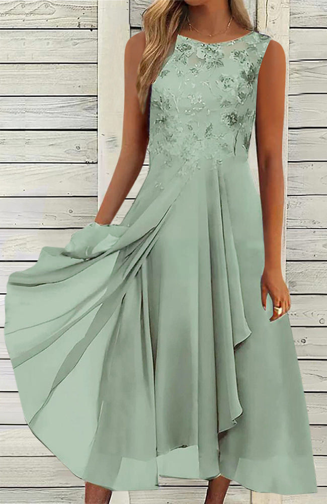 Women’s sleeveless chiffon midi dress with embroidered bodice and asymmetric layered skirt Mune Fashion