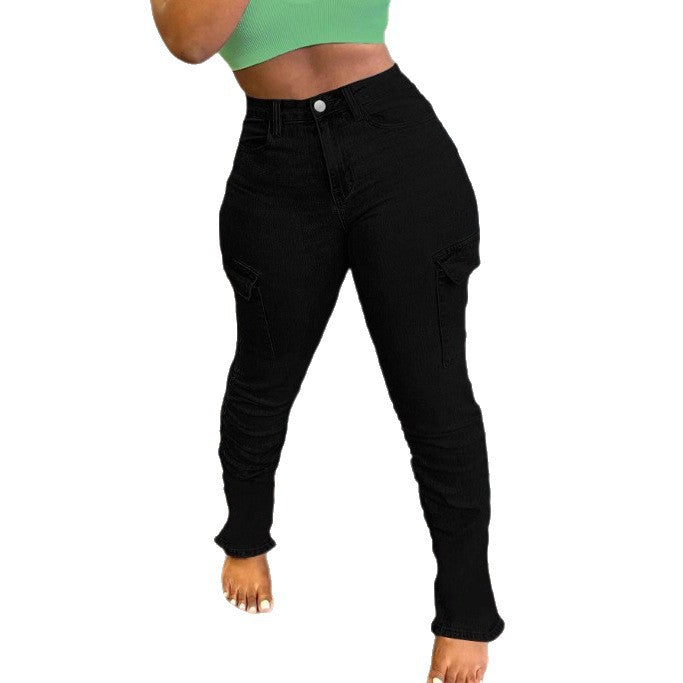 Women's High-Waisted Cargo Jeans with Slim Fit and Gathered Leg Hems Mune Fashion