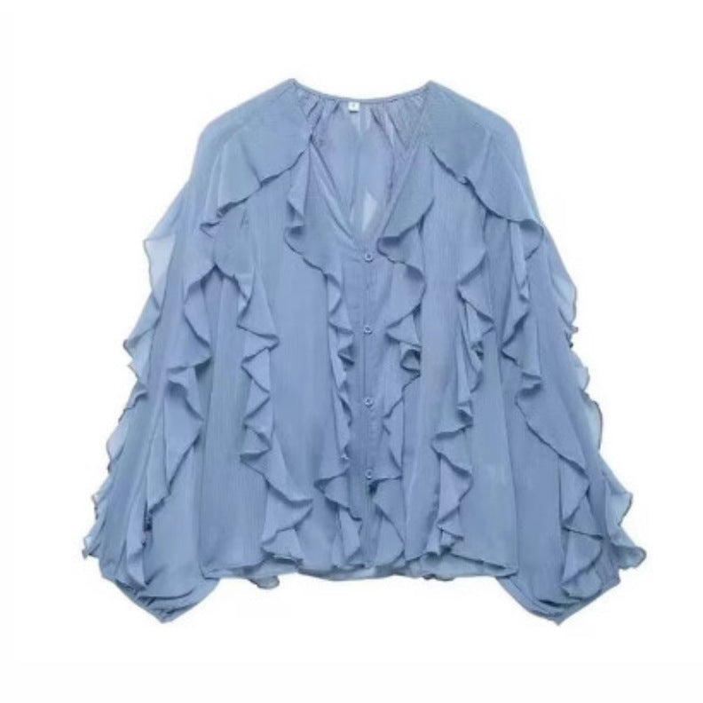 Women's feminine chiffon ruffle blouse with balloon sleeves and V-neck Mune Fashion