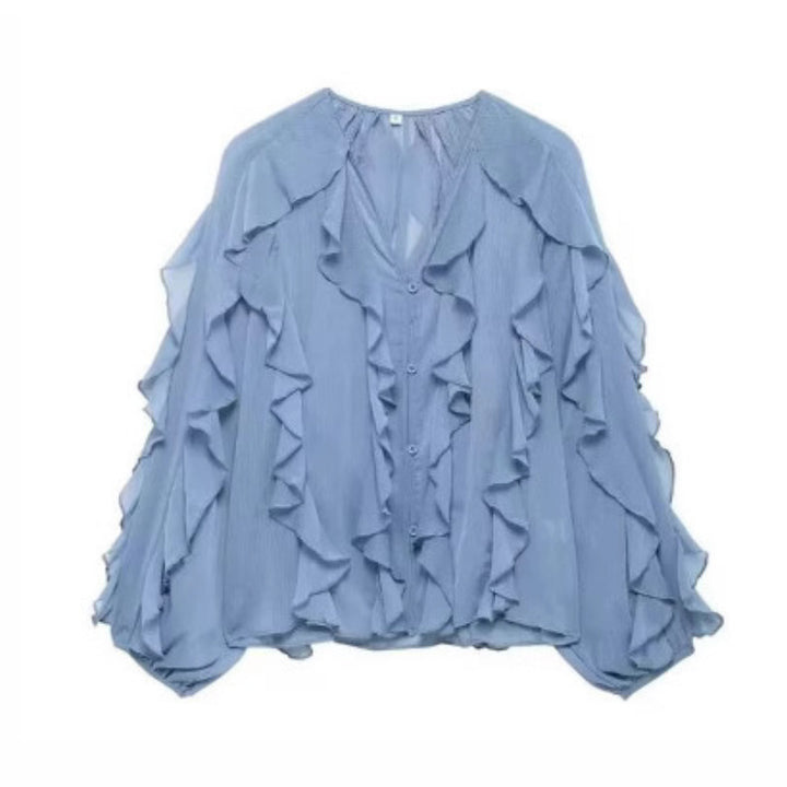 Women's feminine chiffon ruffle blouse with balloon sleeves and V-neck Mune Fashion