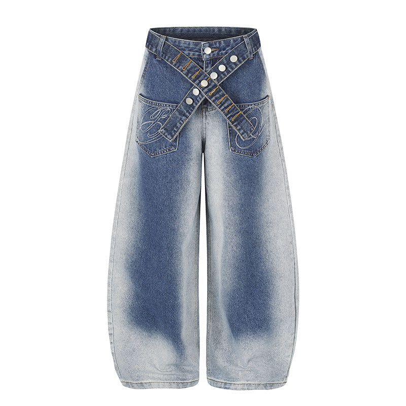 Women's Extra Wide High-Waist Palazzo Jeans with Crossed Decorative Waistband and Embroidered Pockets Mune Fashion