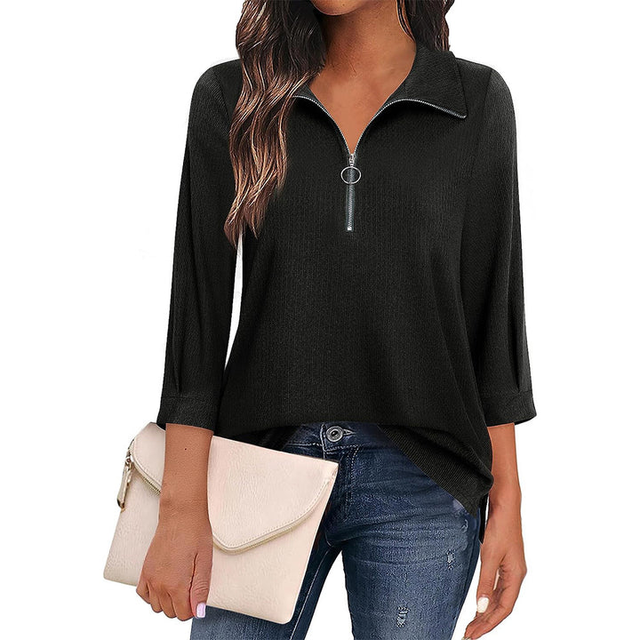 Women's casual blouse with zip collar, three-quarter sleeves, and flared hem Mune Fashion