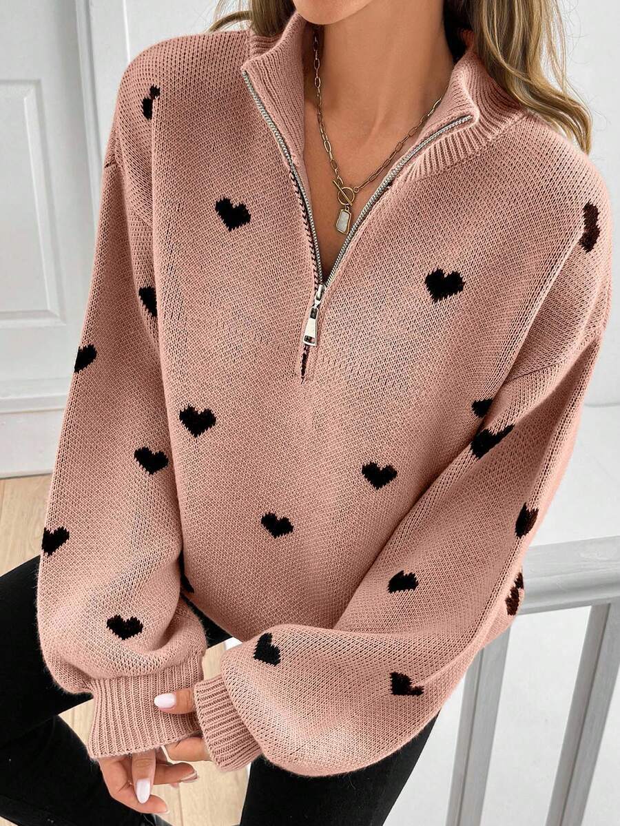 Women's Oversized Knit Sweater with Half-Zip and Heart Design Mune Fashion