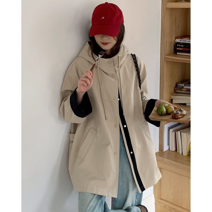 Women Oversize Hooded Jacket with Contrasted Hem and Snap Button Placket Mune Fashion
