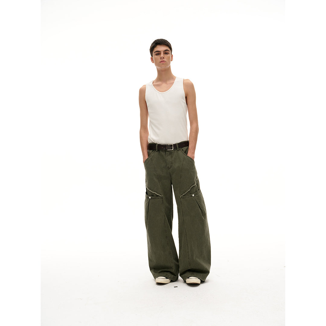 Women's Wide High-Waist Cargo Pants in Vintage Workwear Look with Patch Pockets and Fringe Details Mune Fashion