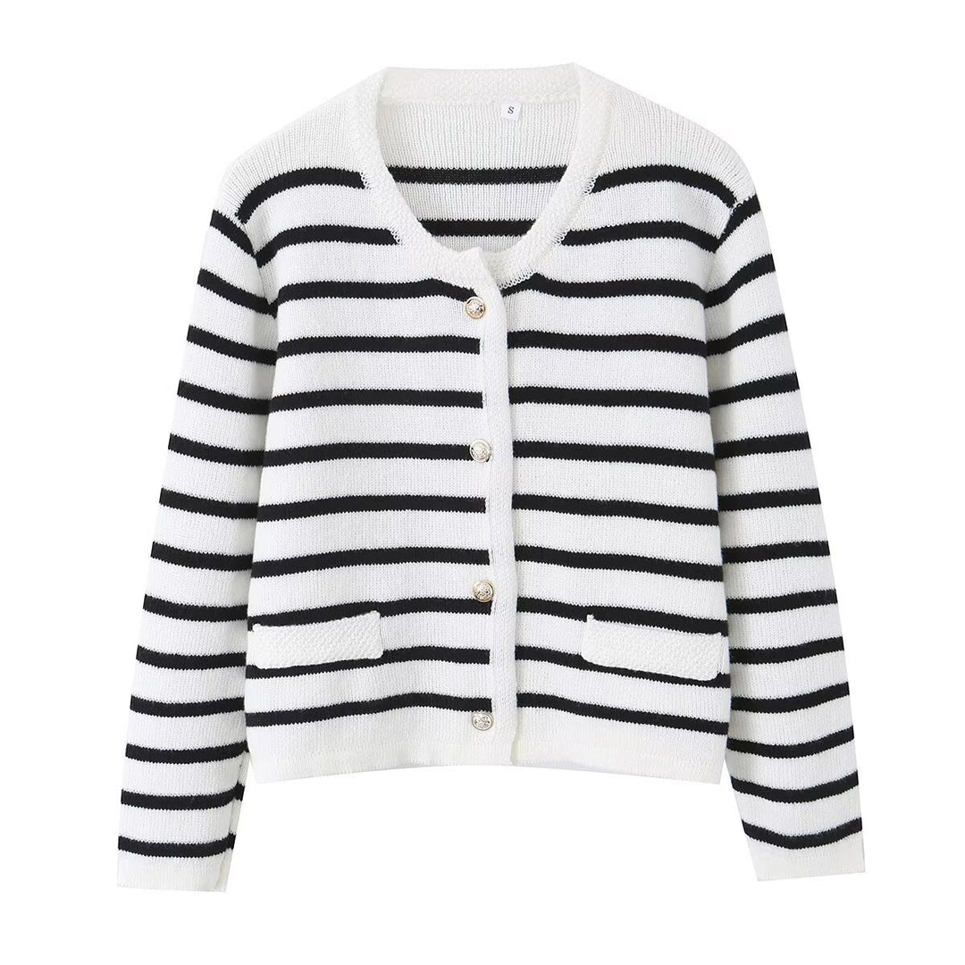 Women's Striped Fine Knit Cardigan with Round Neckline, Patch Pockets and Decorative Buttons Mune Fashion