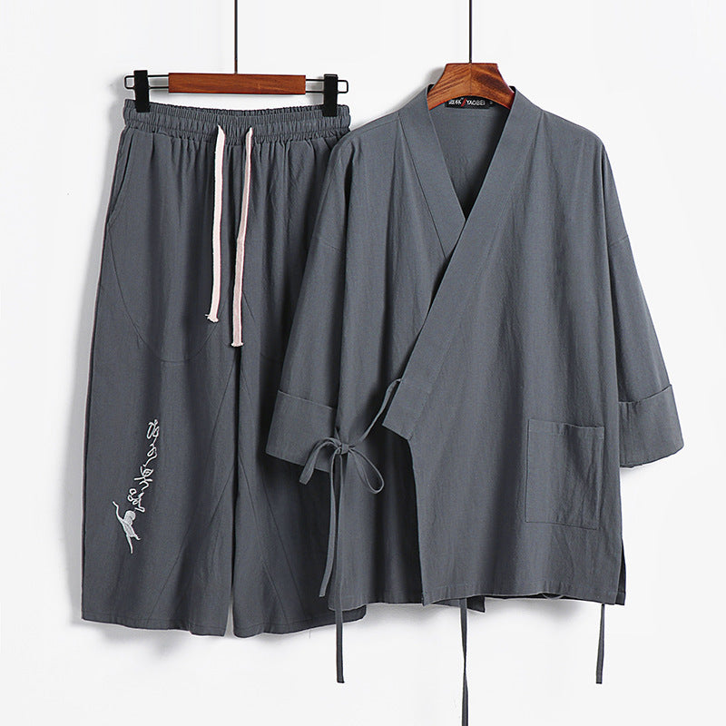 Unisex Lightweight Kimono Loungewear Set made of Cotton-Linen with Embroidered Harem Pants and Tie Belt Mune Fashion