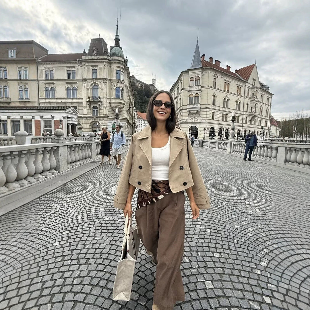 Women's Cropped Double-Breasted Trench Coat with Wide Lapels, Epaulettes and Boxy Cut Mune Fashion