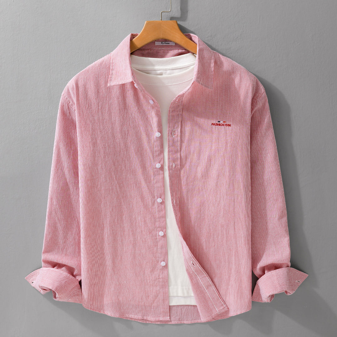 Men's Light Long Sleeve Shirt with Fine Pinstripes and Chest Embroidery Mune Fashion