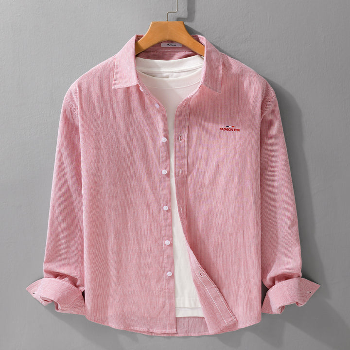 Men's Light Long Sleeve Shirt with Fine Pinstripes and Chest Embroidery Mune Fashion