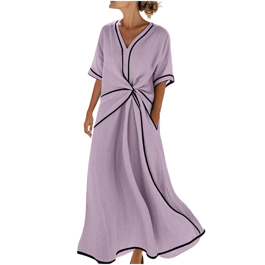 Women's Long A-Line Dress with V-Neck, Knot Detail and Contrast Piping Mune Fashion