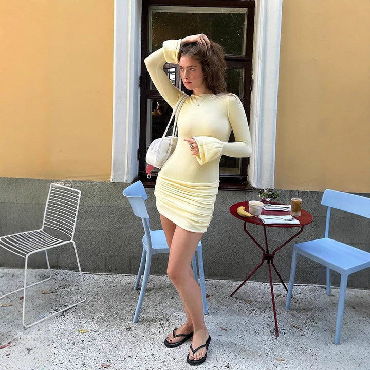 Women's Figure-hugging Gathered Mini Dress with Long Trumpet Sleeves Mune Fashion