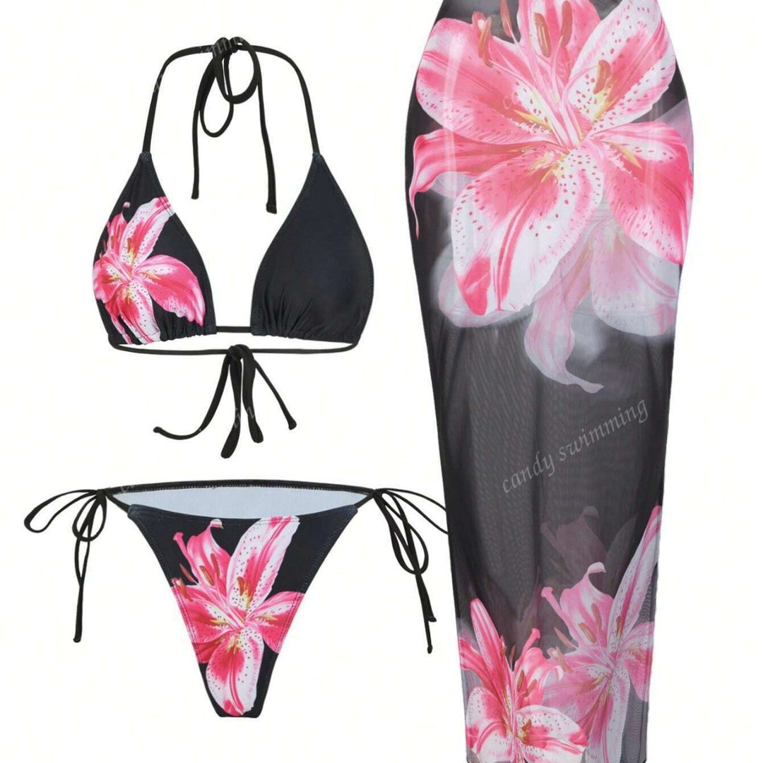 Women's triangle bikini set with floral patterns and transparent maxi skirt Mune Fashion