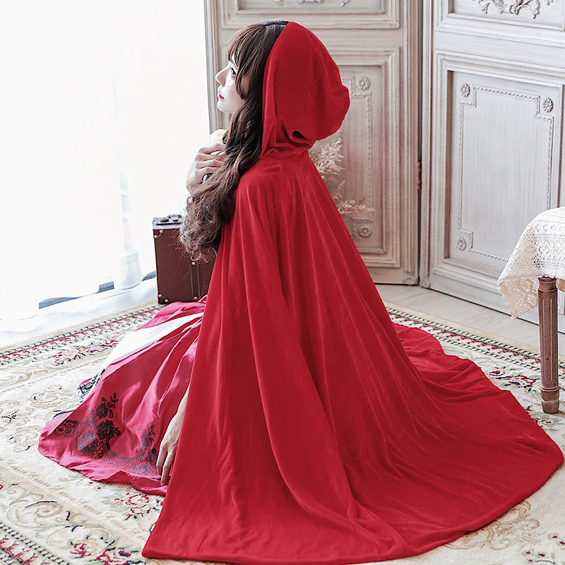 Women Fairy Tale Little Red Riding Hood Costume with Voluminous Overskirt and Hood Mune Fashion