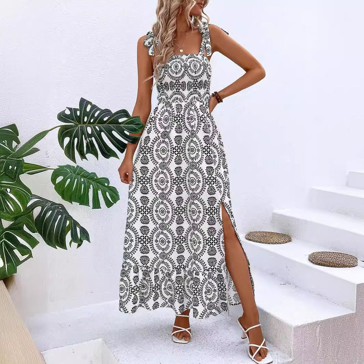 Women's maxi dress with smocked bustier, tie straps, and side leg slit Mune Fashion