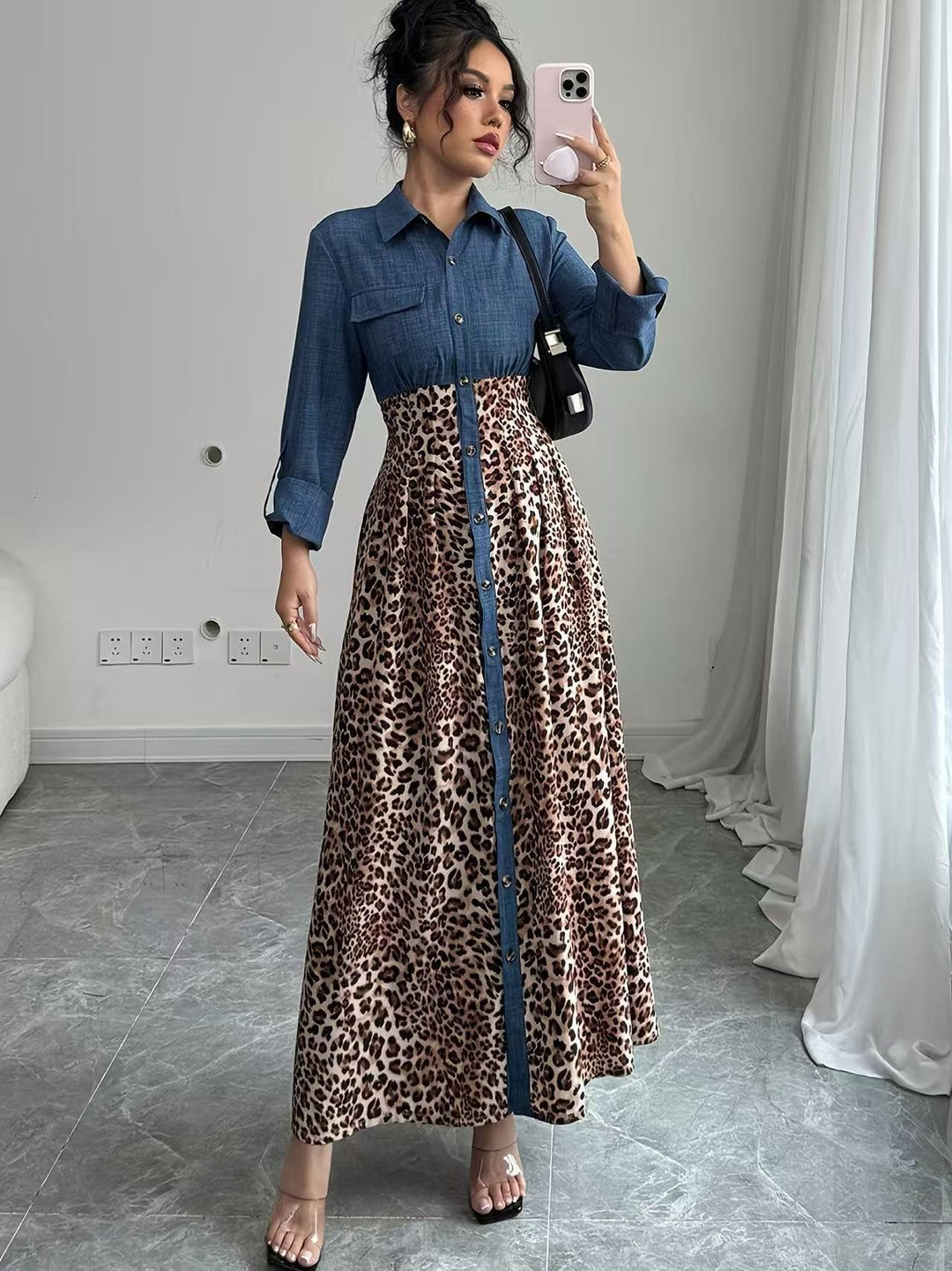 Women's Shirt Dress with Denim Top and Leopard Maxi Skirt Mune Fashion