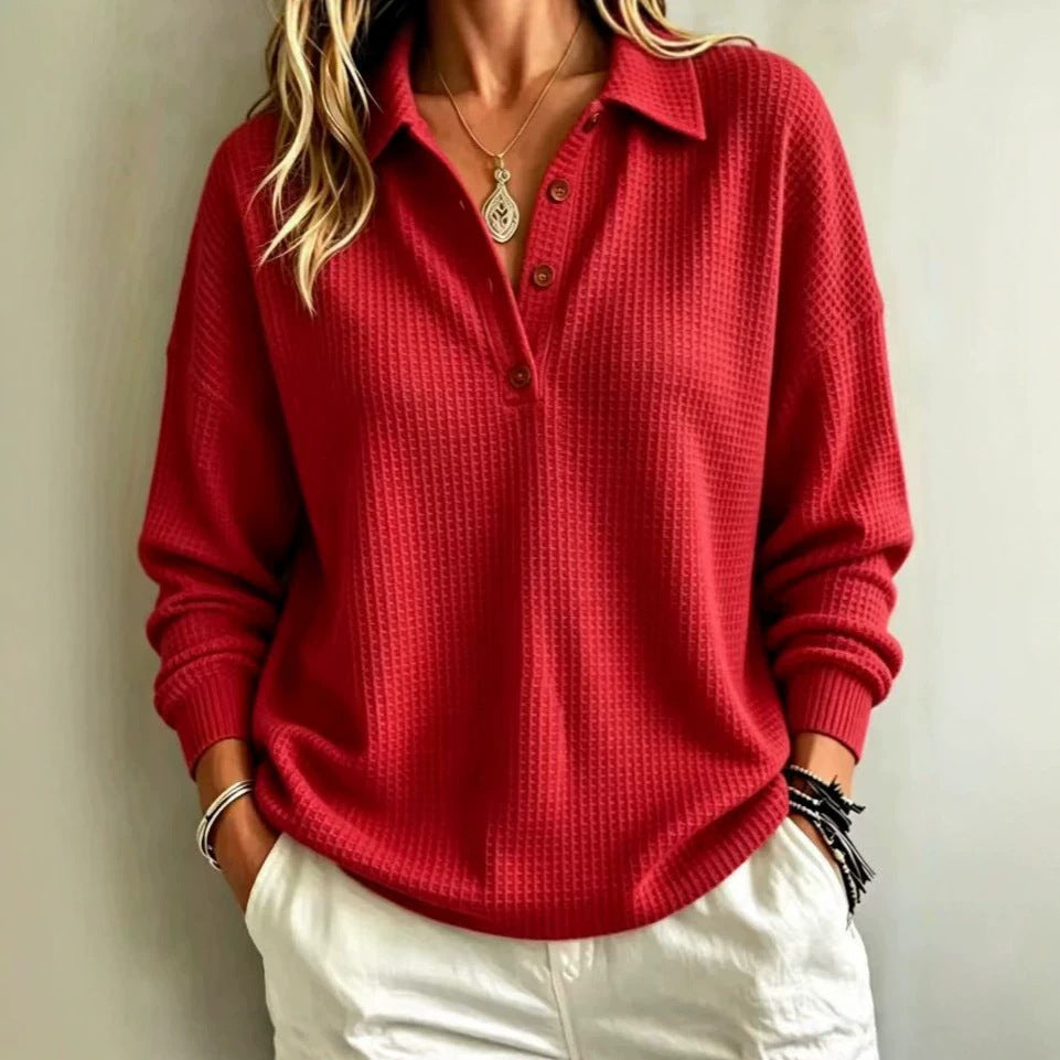 Ladies waffle knit polo with oversized fit, button placket and roll neck look Mune Fashion