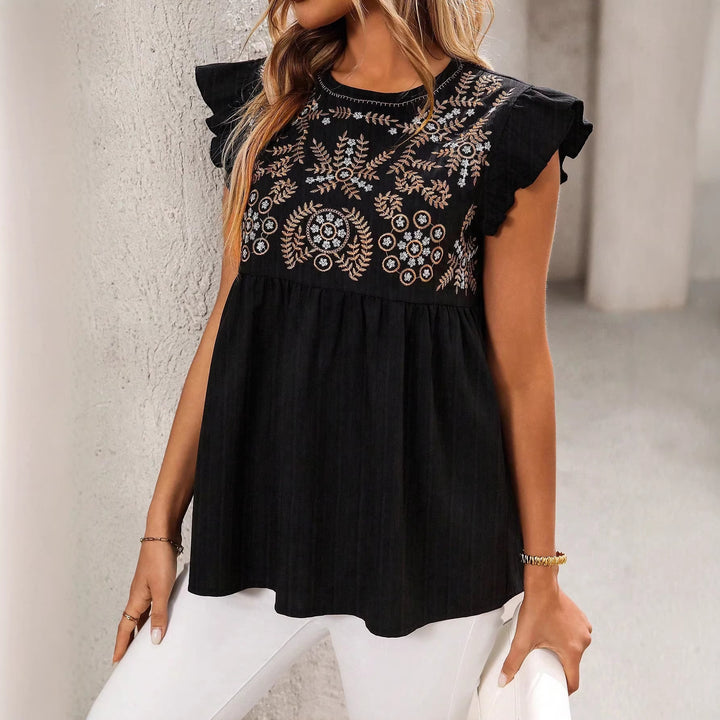 Women Loose Embroidered Babydoll Top with Ruffle Sleeves Mune Fashion