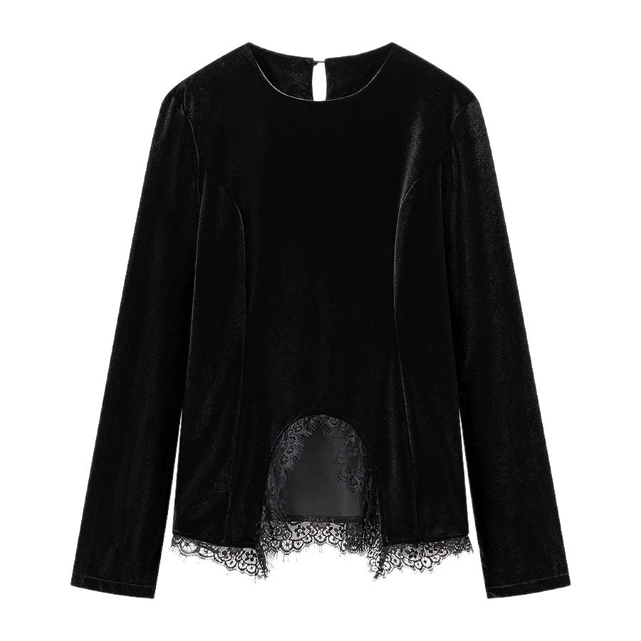 Ladies Elegant Velvet Top with Lace Trim and Curved Hem Mune Fashion