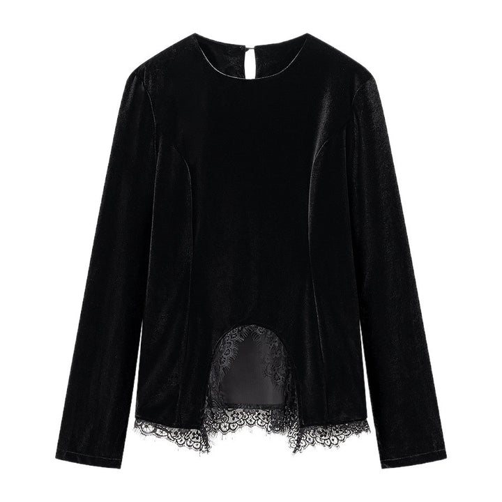 Ladies Elegant Velvet Top with Lace Trim and Curved Hem Mune Fashion