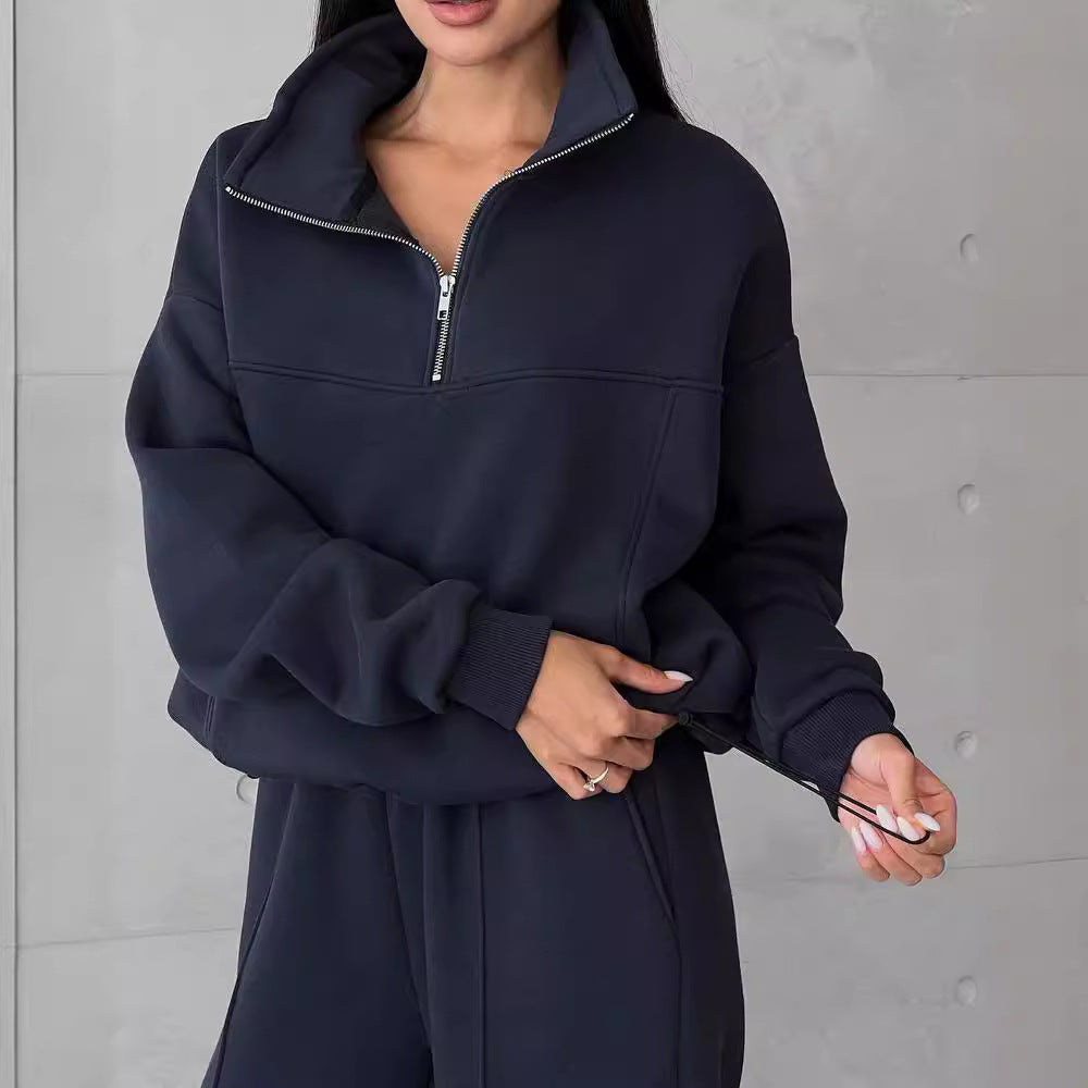 Women Soft Oversized Lounge Set with Zip Collar, Front Pockets and Flattering High-Waist Pants Mune Fashion