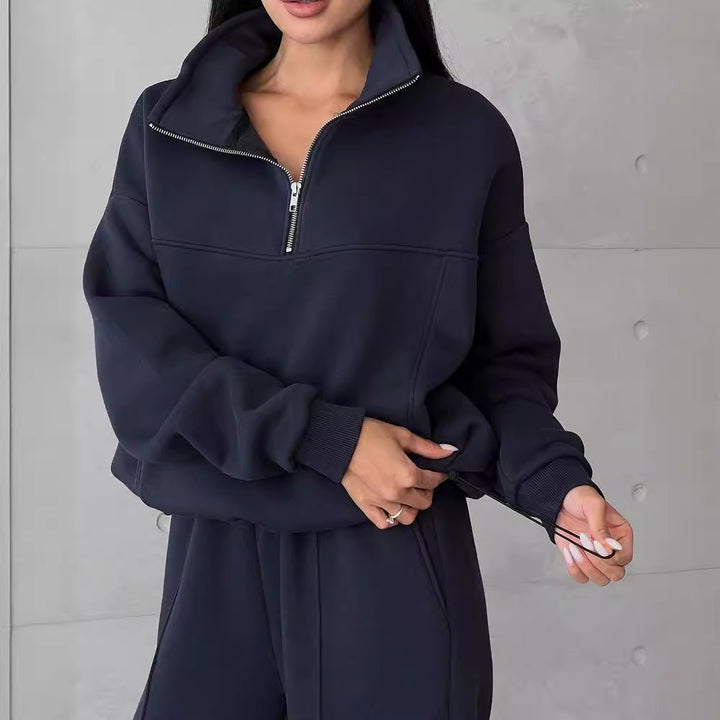 Women Soft Oversized Lounge Set with Zip Collar, Front Pockets and Flattering High-Waist Pants Mune Fashion