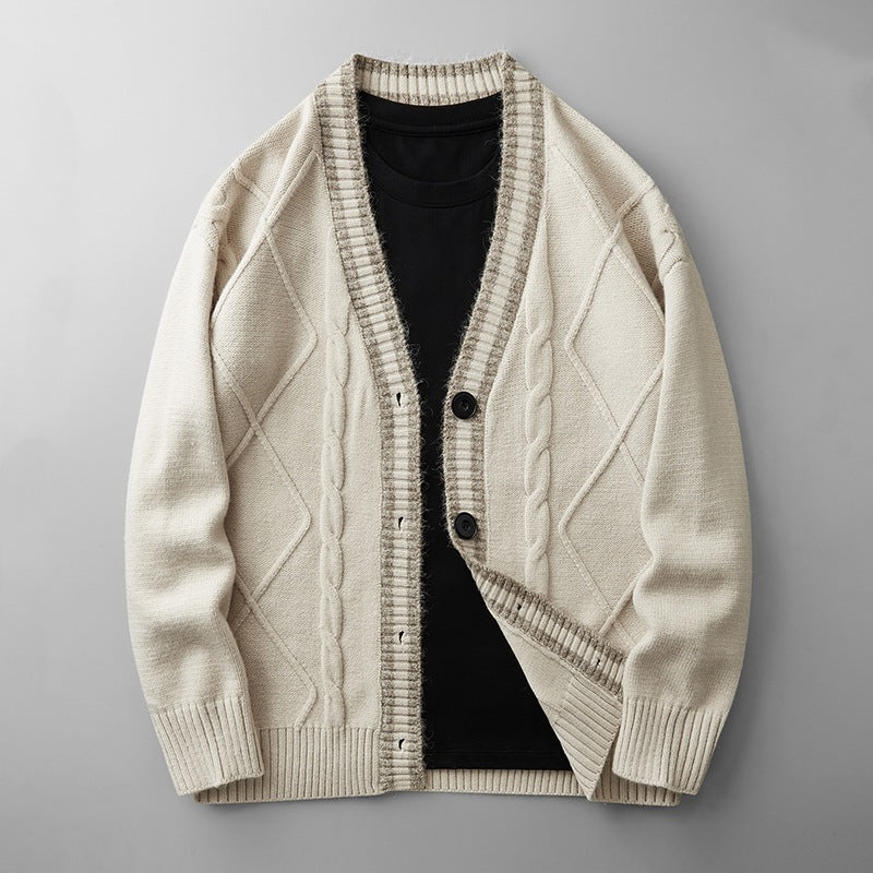 Men's knitted cardigan with cable pattern, V-neck and contrast edge Mune Fashion