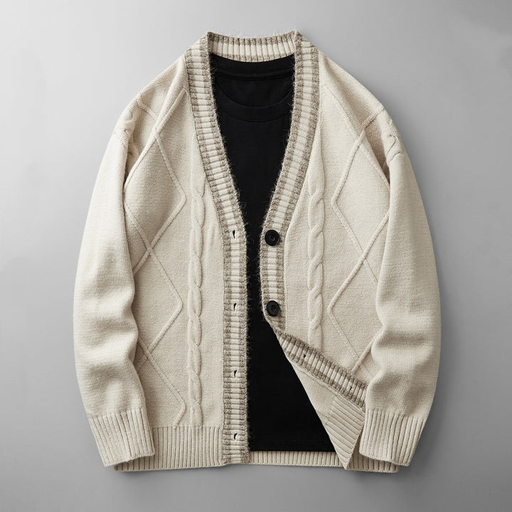Men's knitted cardigan with cable pattern, V-neck and contrast edge Mune Fashion