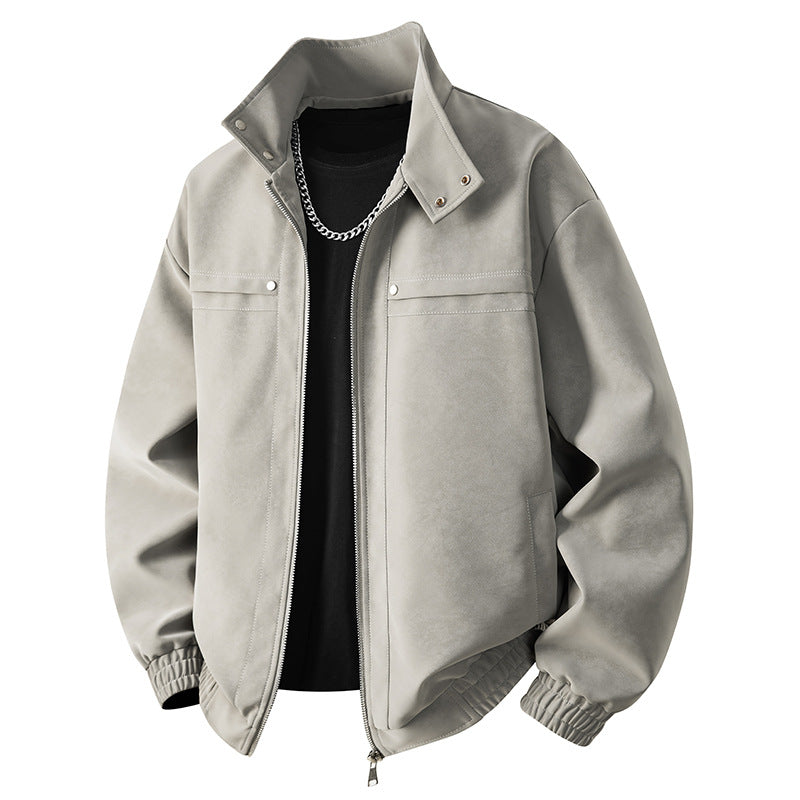 Men's velvet imitation transitional bomber-style jacket with stand-up collar, press stud fastening & elastic cuffs.