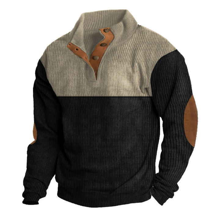 Men's ribbed pullover with stand-up collar, button placket, and elbow patches Mune Fashion
