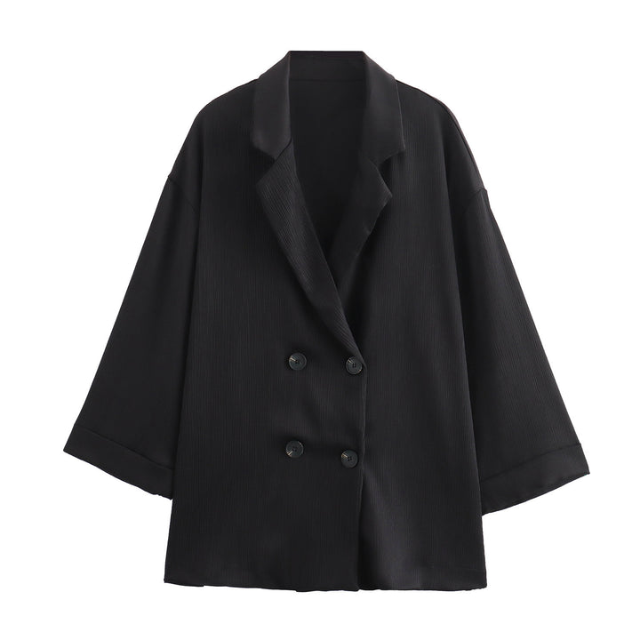 Ladies Oversized Double-Breasted Blazer with Pleated Structure and Three-Quarter Sleeves Mune Fashion